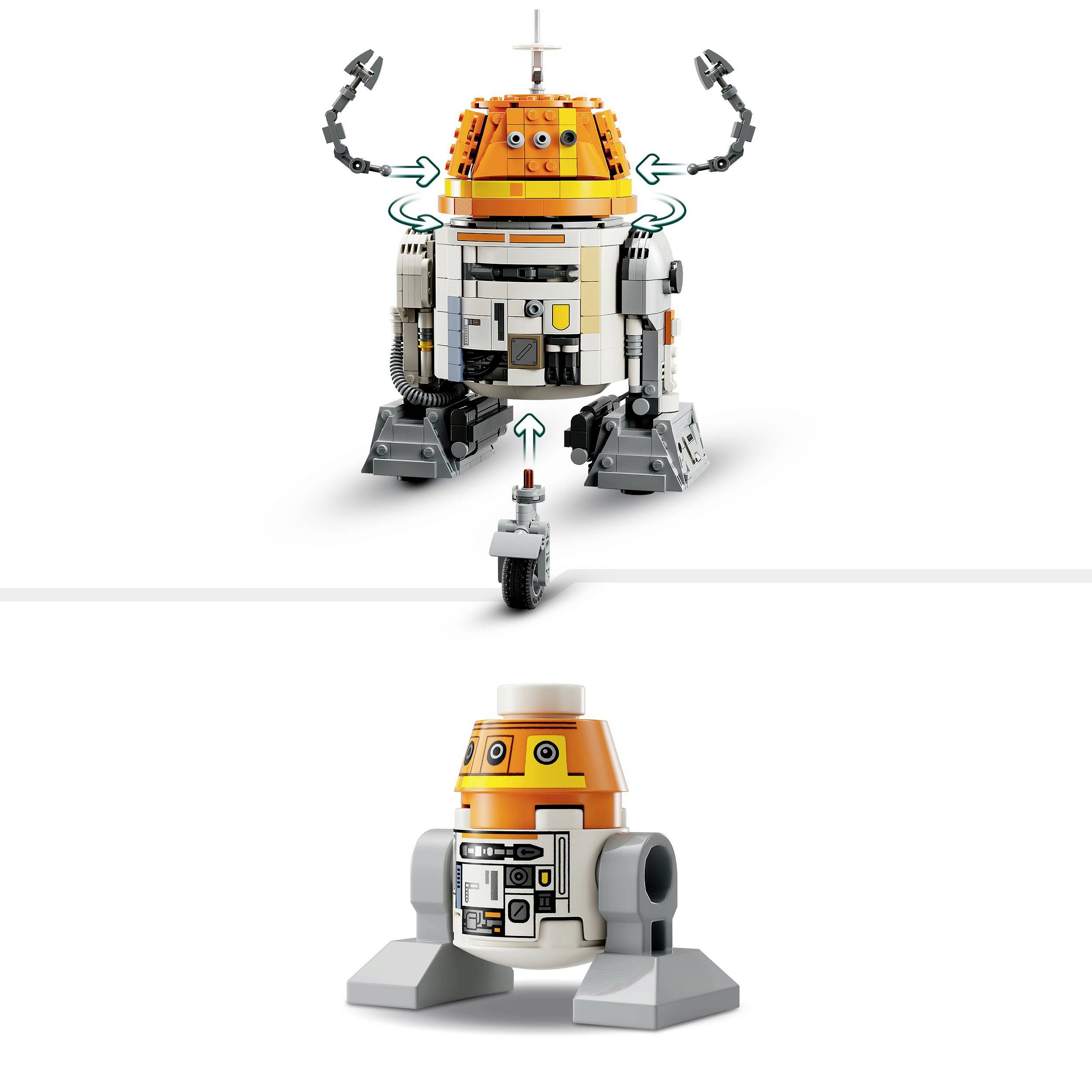 Lego robot s oranžovo-bílou hlavou a pohyblivýma rukama stojící na dvou nohách. Vpředu je zobrazeno jednotlivé kolo.
