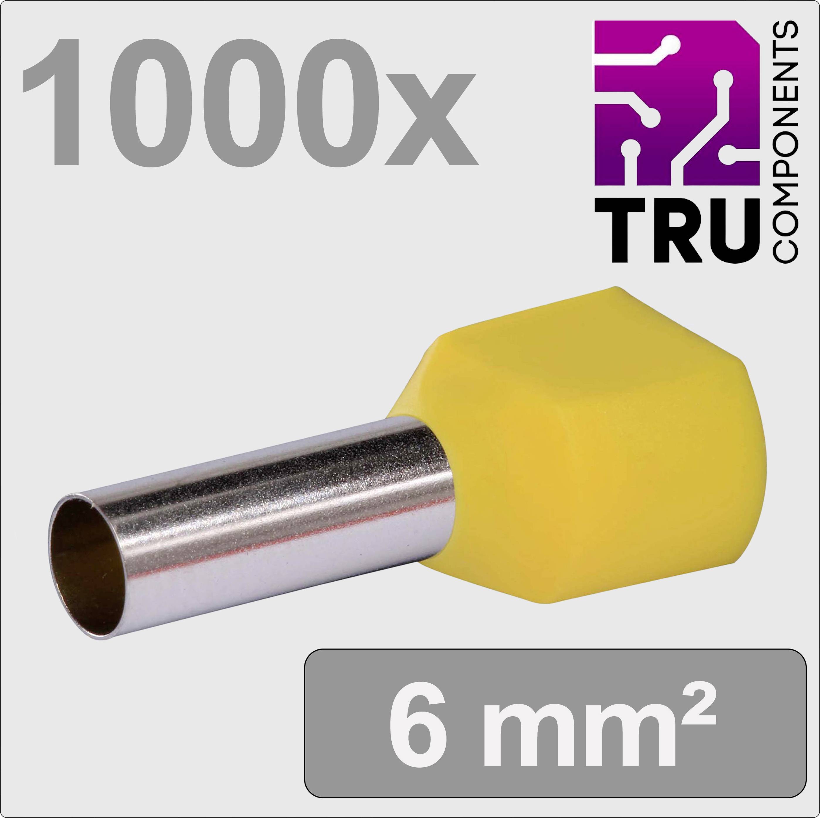 1000x TRU COMPONENTS kabelové koncovky, žluté, pro průřez 6 mm². Kovový válec s izolačním žlutým PVC límcem.