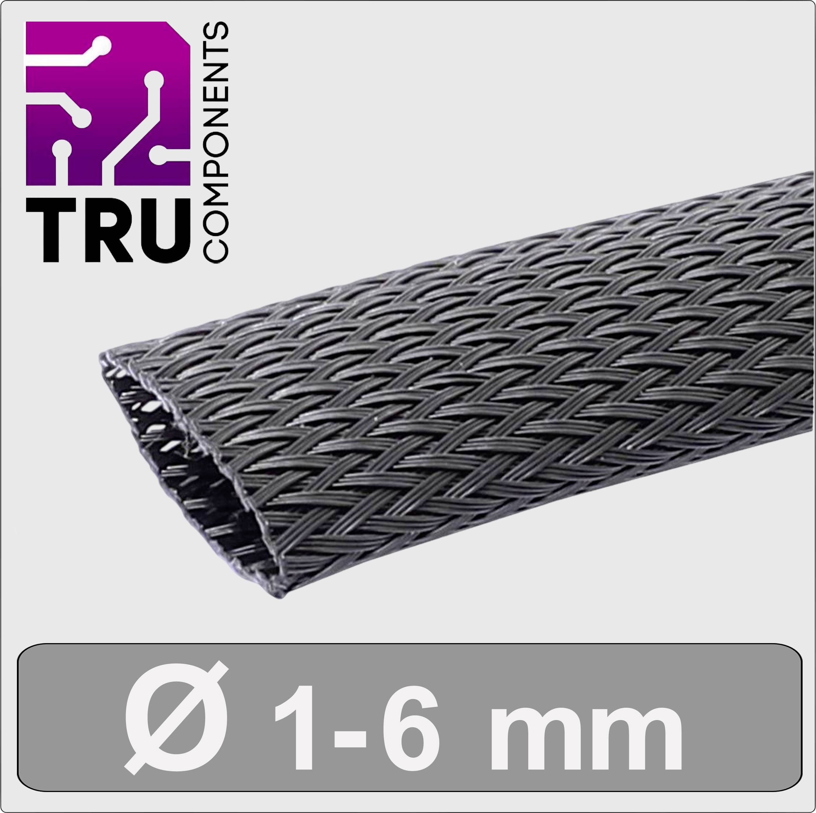 Černá opletená hadice s udáním průměru 'Ø 1-6 mm', logo TRU Components v horní levé části.