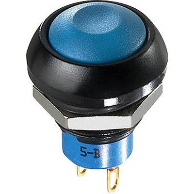 Modrý tlačný spínač s černým okrajem a stříbrnými kontakty. Tlačítko patří k elektrickému spínacímu modulu.