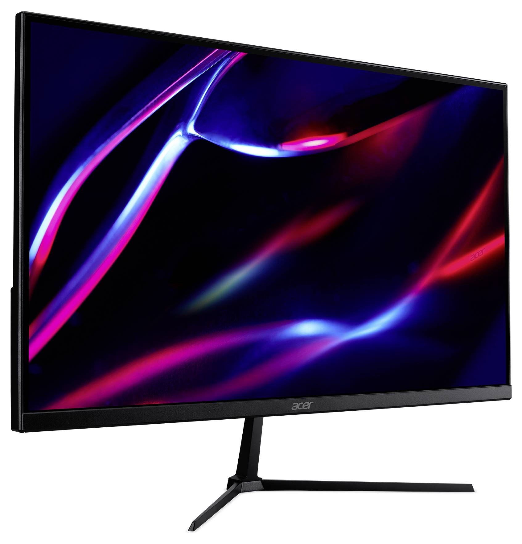 Moderní počítačový monitor s černým rámečkem zobrazuje abstraktní design v tmavých, zářivých odstínech červené a modré.