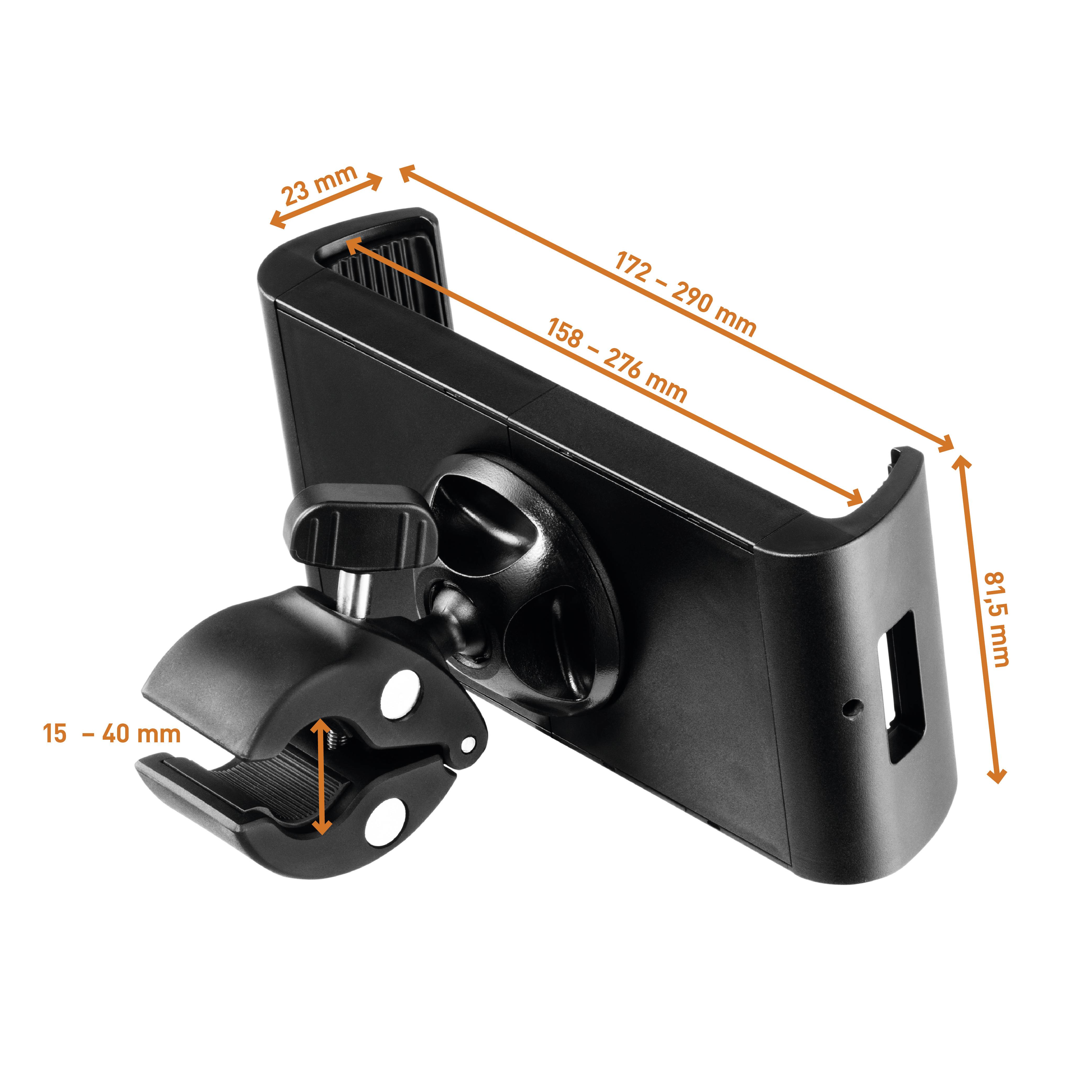 Držák na smartphone z černého plastu, rozměry 158-276 mm šířky a 23 mm výšky, nastavitelný pro objekty tlusté 15-40 mm.