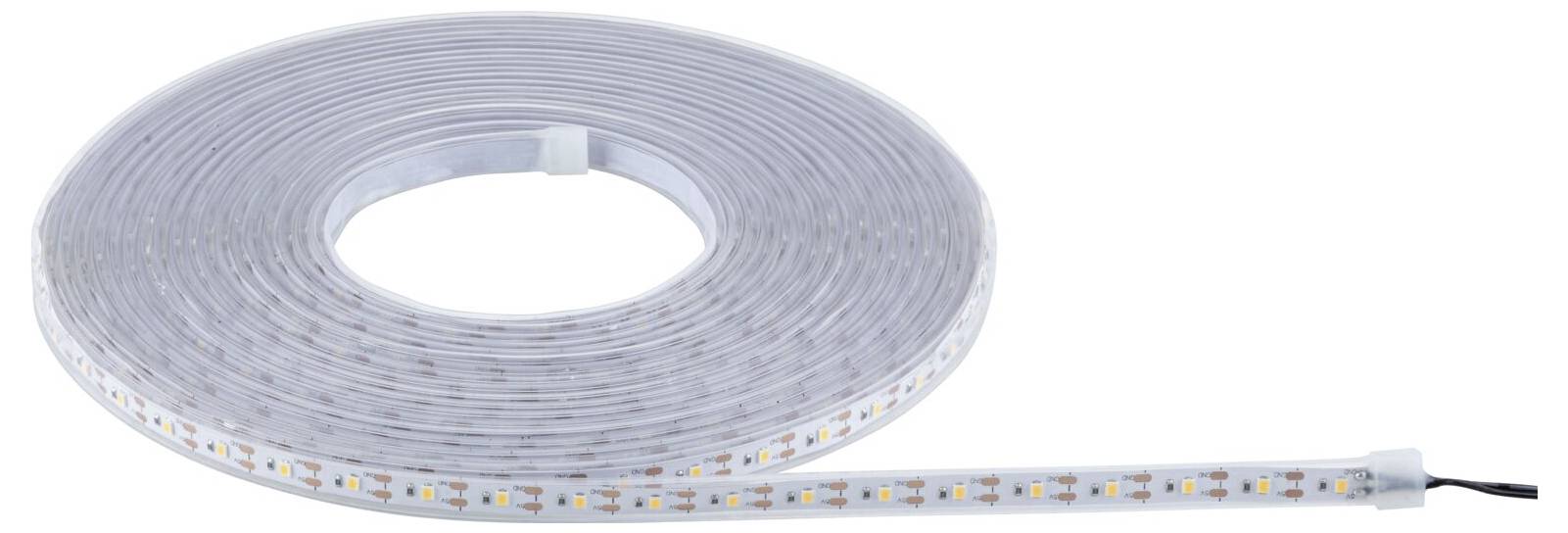 Svinutý LED pásek s viditelnými LED diodami na spodní straně, připravený k připojení, na bílém pozadí.