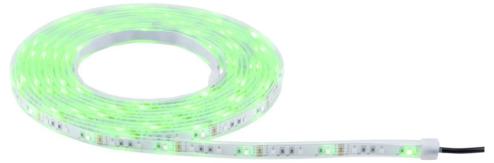 Svinutý LED světelný pás zářivě zelené barvy s černým koncem kabelu.