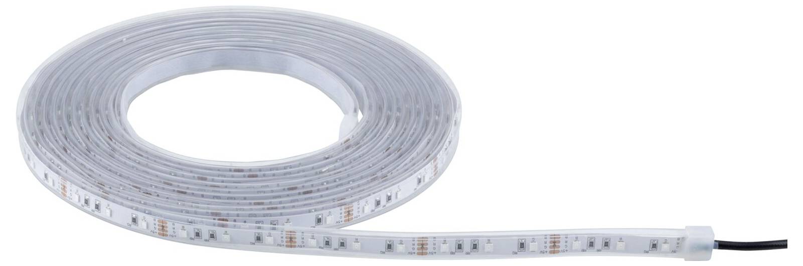 Svinutá LED světelná lišta s viditelnými malými LED diodami a kabelem na konci, připravená k instalaci.