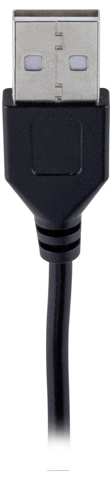 Černý USB kabel s USB-A konektorem, který se běžně používá pro připojení zařízení k počítačům.