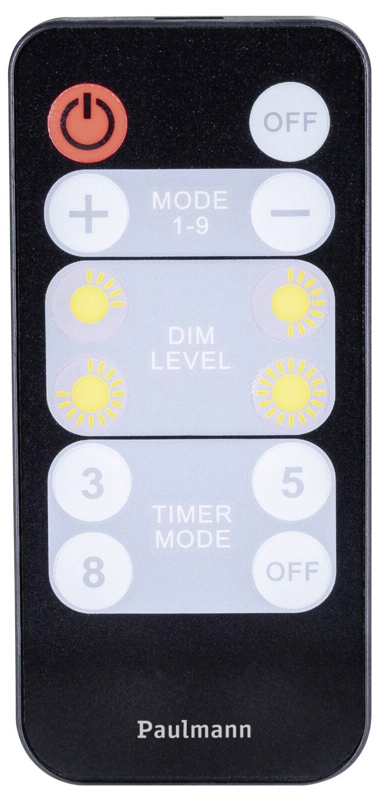Dálkový ovladač s tlačítky pro ovládání jasu a časovače osvětlení. Popisy tlačítek obsahují Power, Mode, Dim Level, Timer Mode.