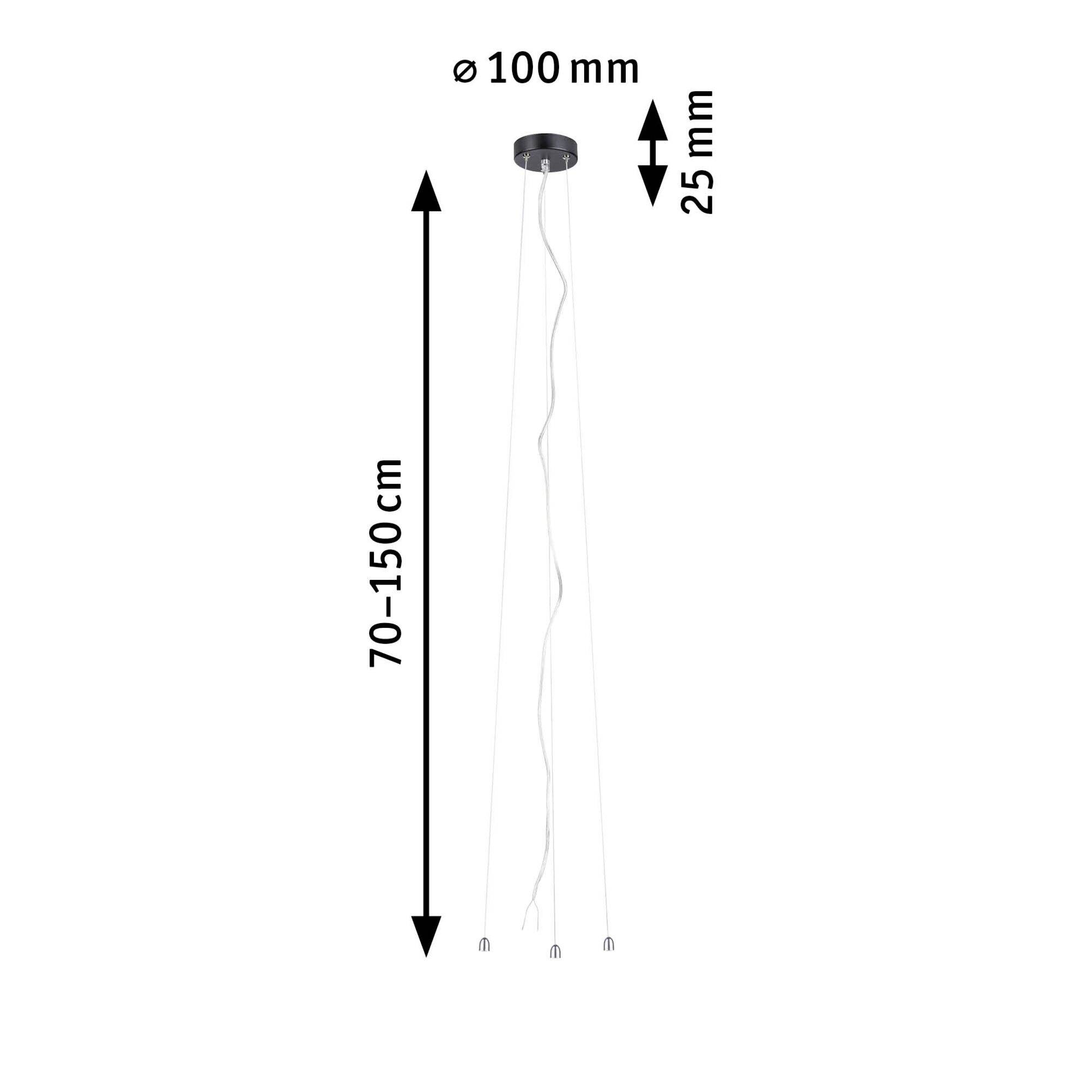 Stropní svítidlo s kulatou základnou, tři zavěšené světelné zdroje. Rozměry: průměr 100 mm, výška 25 mm, zavěšení nastavitelné od 70 do 150 cm.