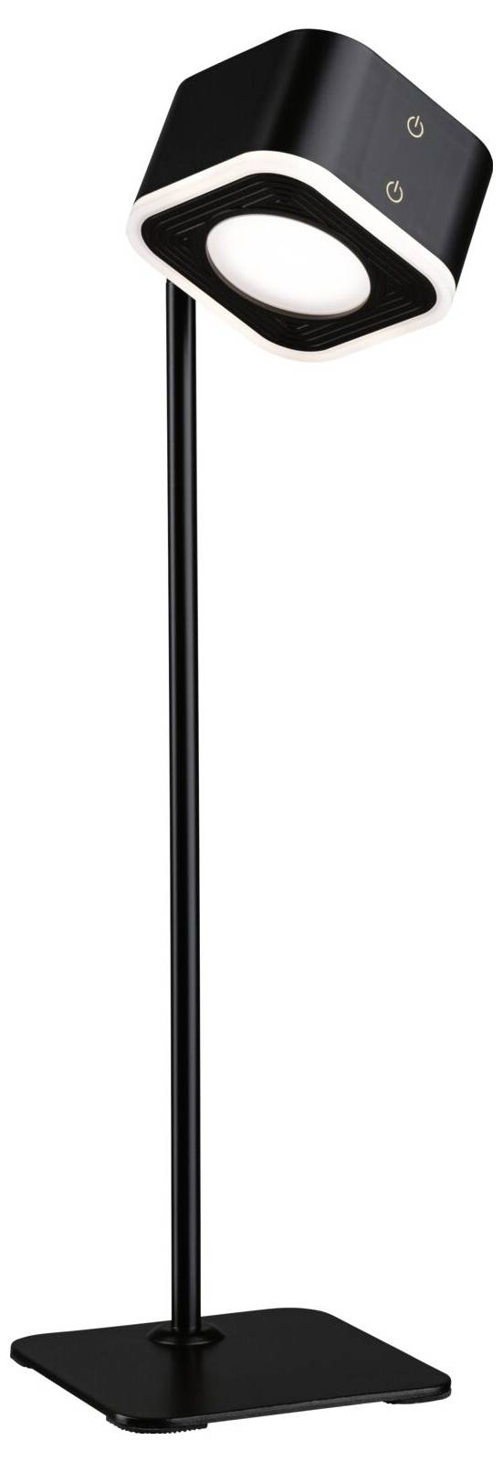 Moderní černá stojací lampa s čtvercovým stínítkem, naklápěcí, umístěná na štíhlém kulatém podstavci. Ideální do čtenářských koutků.