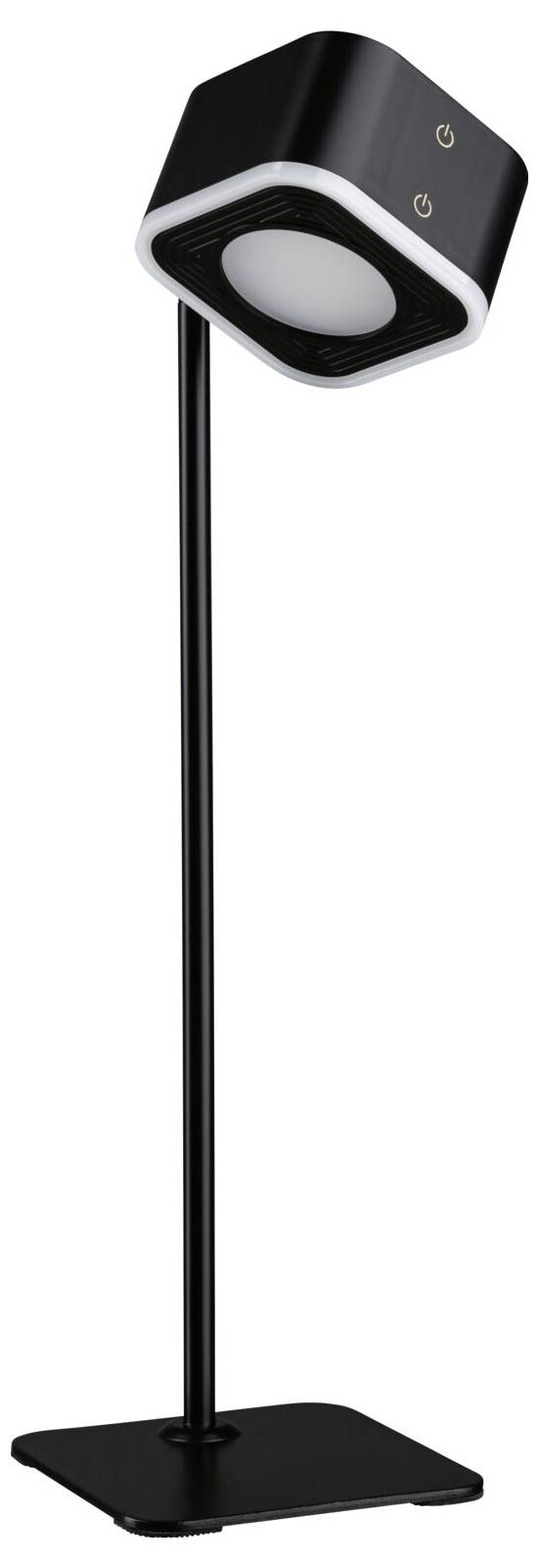 Černá moderní stojací lampa s čtvercovým stínidlem, stojící na obdélníkovém podstavci. Vypínač umístěný nahoře na stínítku.