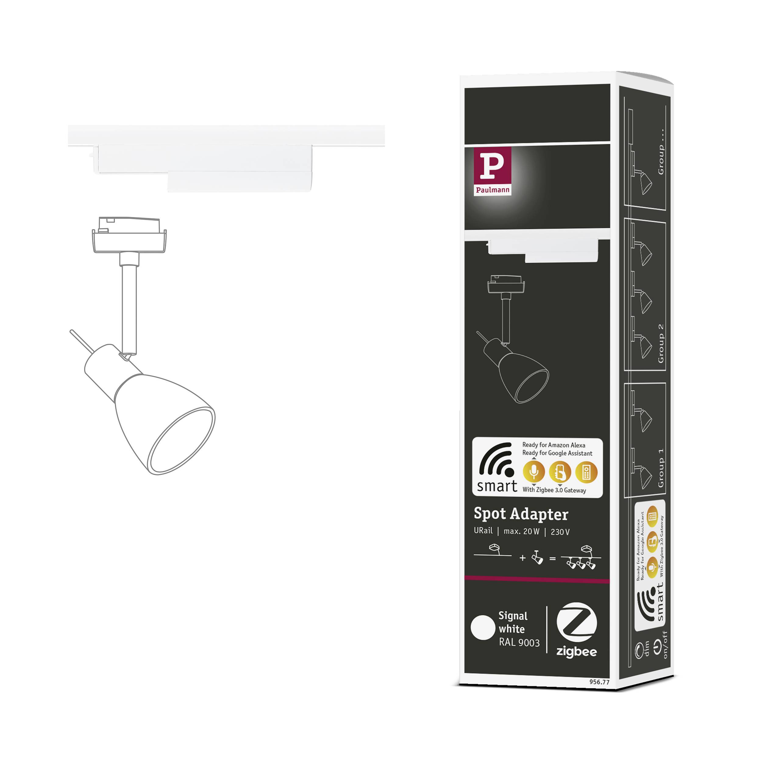 Balení adaptéru 'Spot Adapter' od společnosti Paulmann, kompatibilní se sítí Zigbee, určený pro ovládání osvětlení prostřednictvím inteligentního domácího systému.