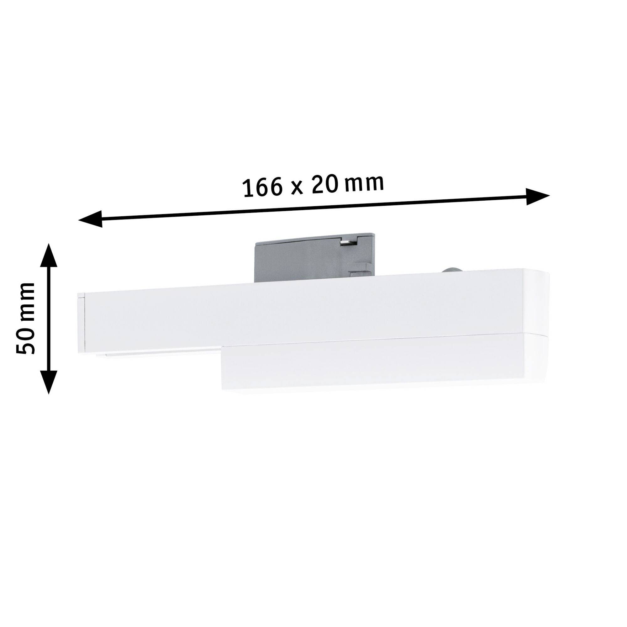 Bílé LED svítidlo s rozměry 166 x 20 mm na šířku a 50 mm na výšku.