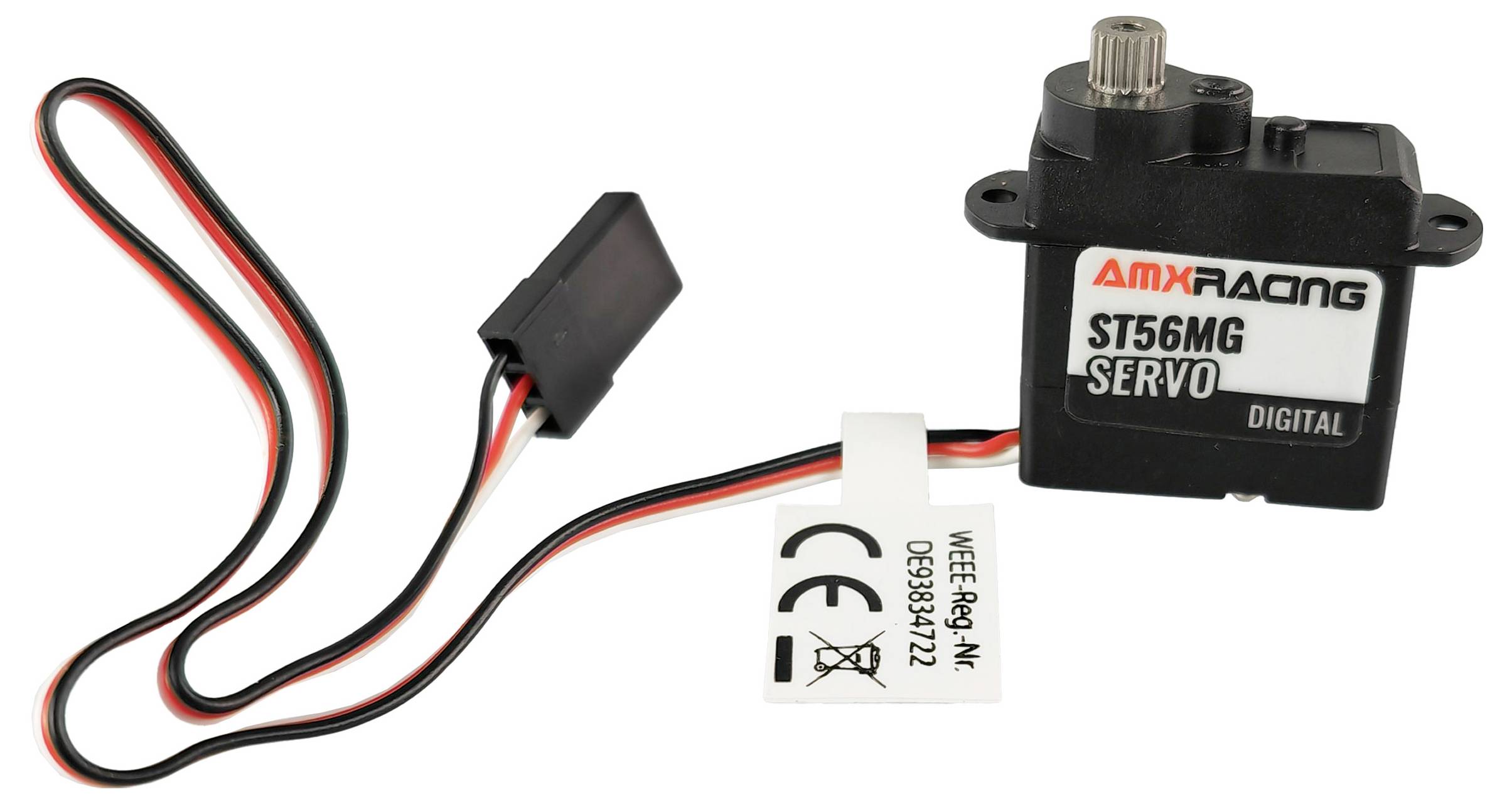 Digitální servomotor modelu 'AMX Racing ST56MG' s tříbarevným kabelem a bílým štítkem s certifikací CE.