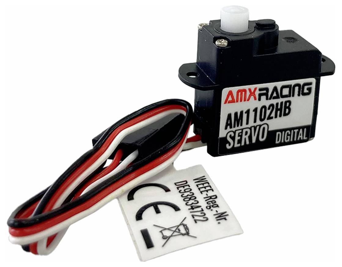 Malý digitální servo motor AMX Racing AM1102HB s etiketou a třífázovými kabely. Vhodný pro RC modely.