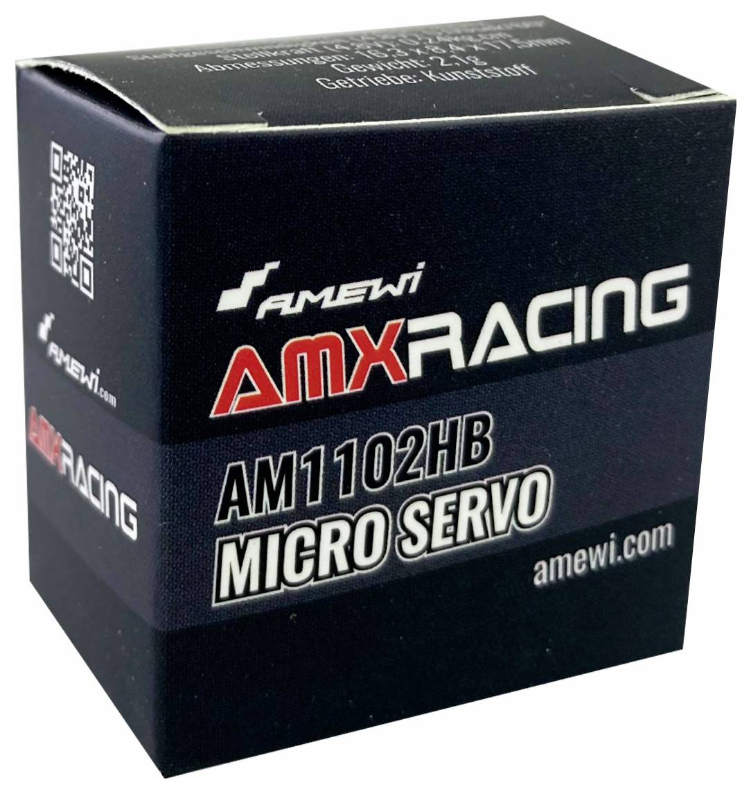 Kartonová krabice pro AMX Racing AM1102HB Micro Servo. Obsahuje firemní logo a webové stránky produktu 'amewi.com'.