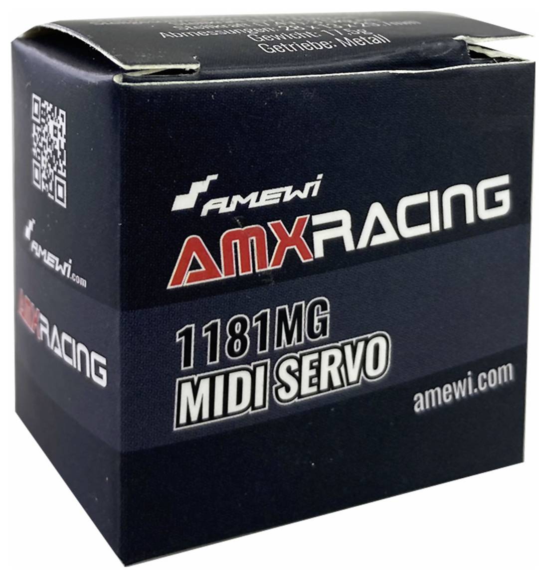 Obal pro 'AMEWI AMX Racing 1181MG Midi Servo', modrý s bílým textem. Obsahuje informace o modelu a webovou adresu 'amewi.com'.