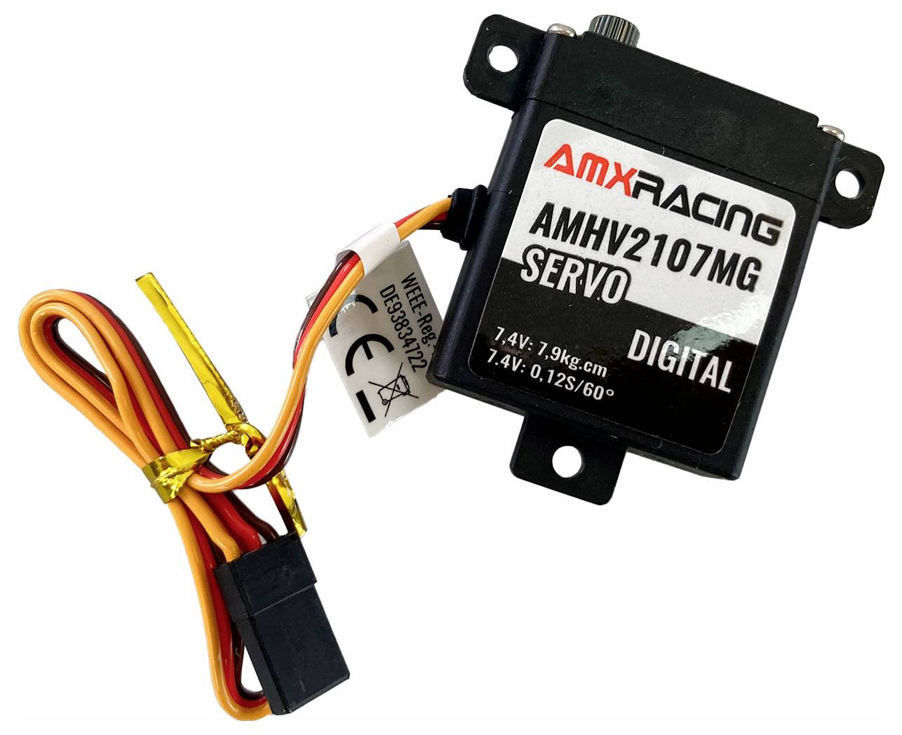 Elektrický servomotor od AMX Racing, model AMHV2107MG, s kabely a konektorem. Vhodný pro RC aplikace.