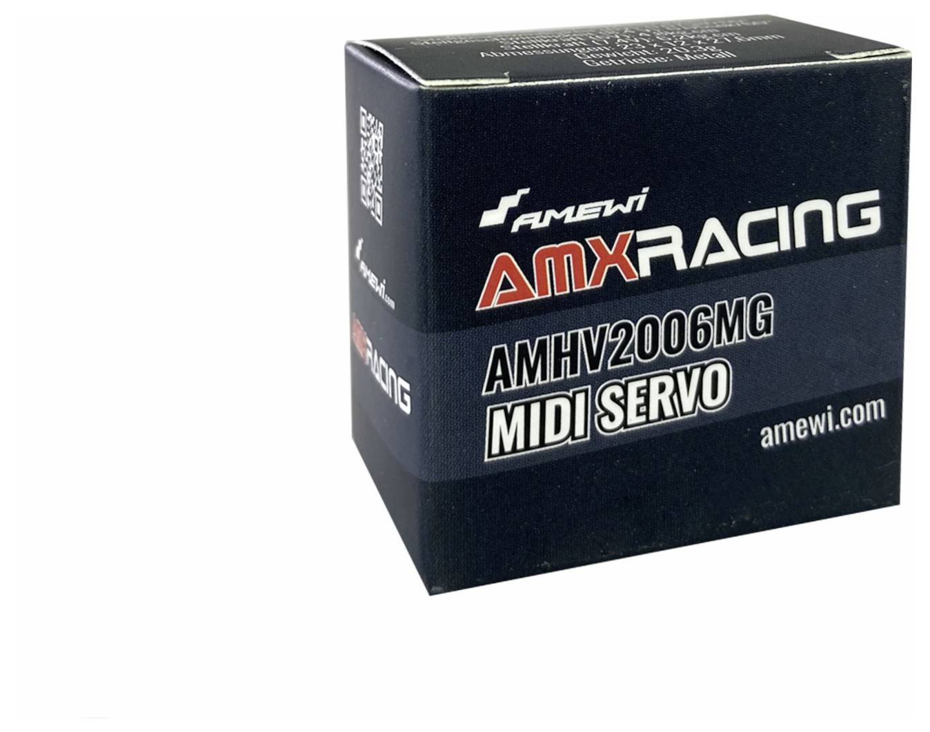 Černý obal s nápisem 'AMX Racing AMHV2006MG MIDI SERVO'. Obsahuje technický modelářský servo motor. Výrobce: Amewi.