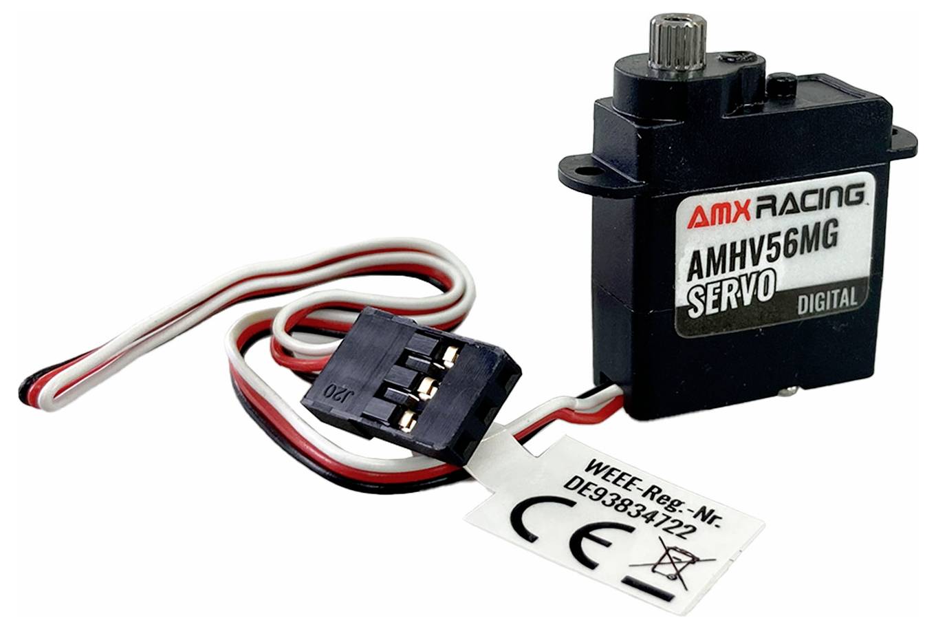 Digitální servomotor AMX Racing AMHV56MG s černými a červenými kabely, připojený konektorem a s označením CE.
