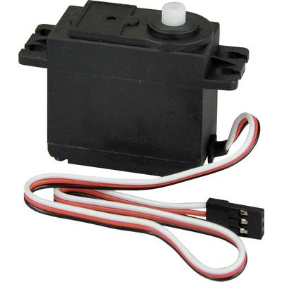 Černý servomotor s bílým ozubeným kolem nahoře a třížilovým kabelem v červené, černé a bílé barvě s konektorem vedle něj.