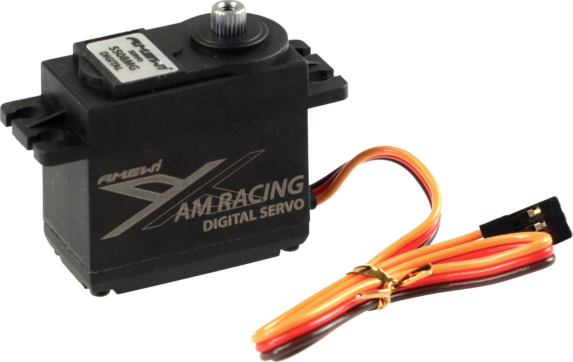 Černý digitální servo motor od AMEWI s oranžovými kabely a konektorem. Vhodný pro RC vozidla.