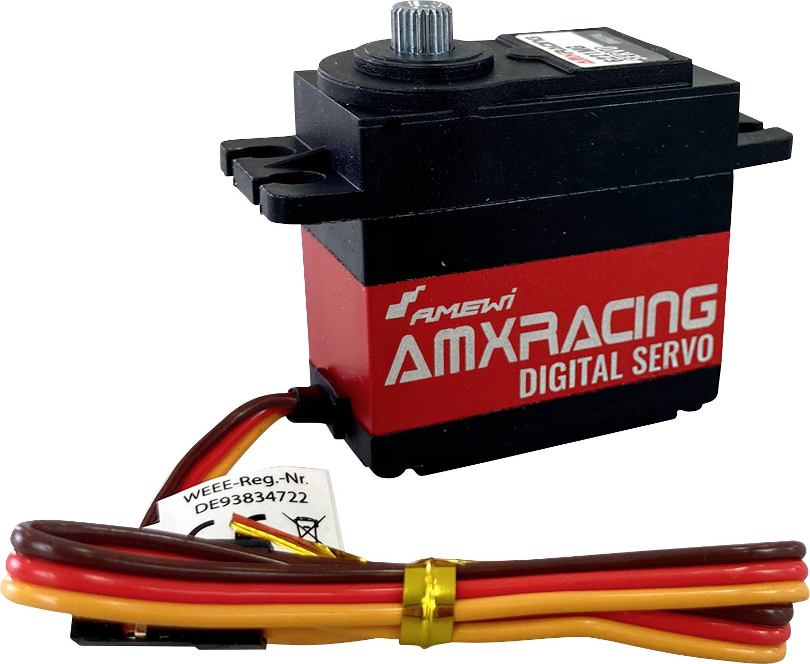 Černé a červené digitální servo od AMX Racing s kabelem a konektorem. Model pro přesné ovládání vozidel.
