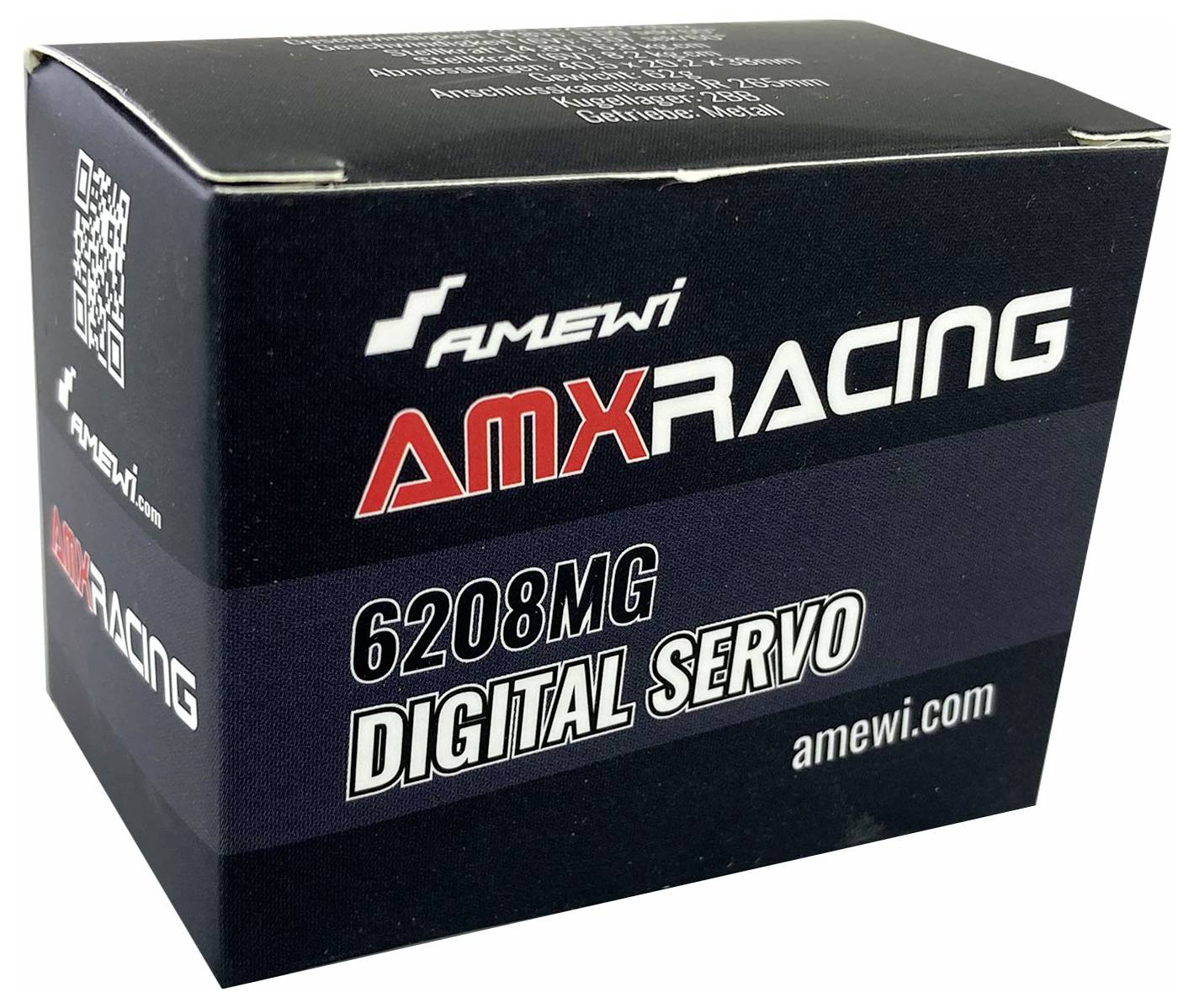 Černý obal servomotoru 'AMX Racing 6208MG Digital Servo' od společnosti Amewi, s logem a webovými stránkami amewi.com.