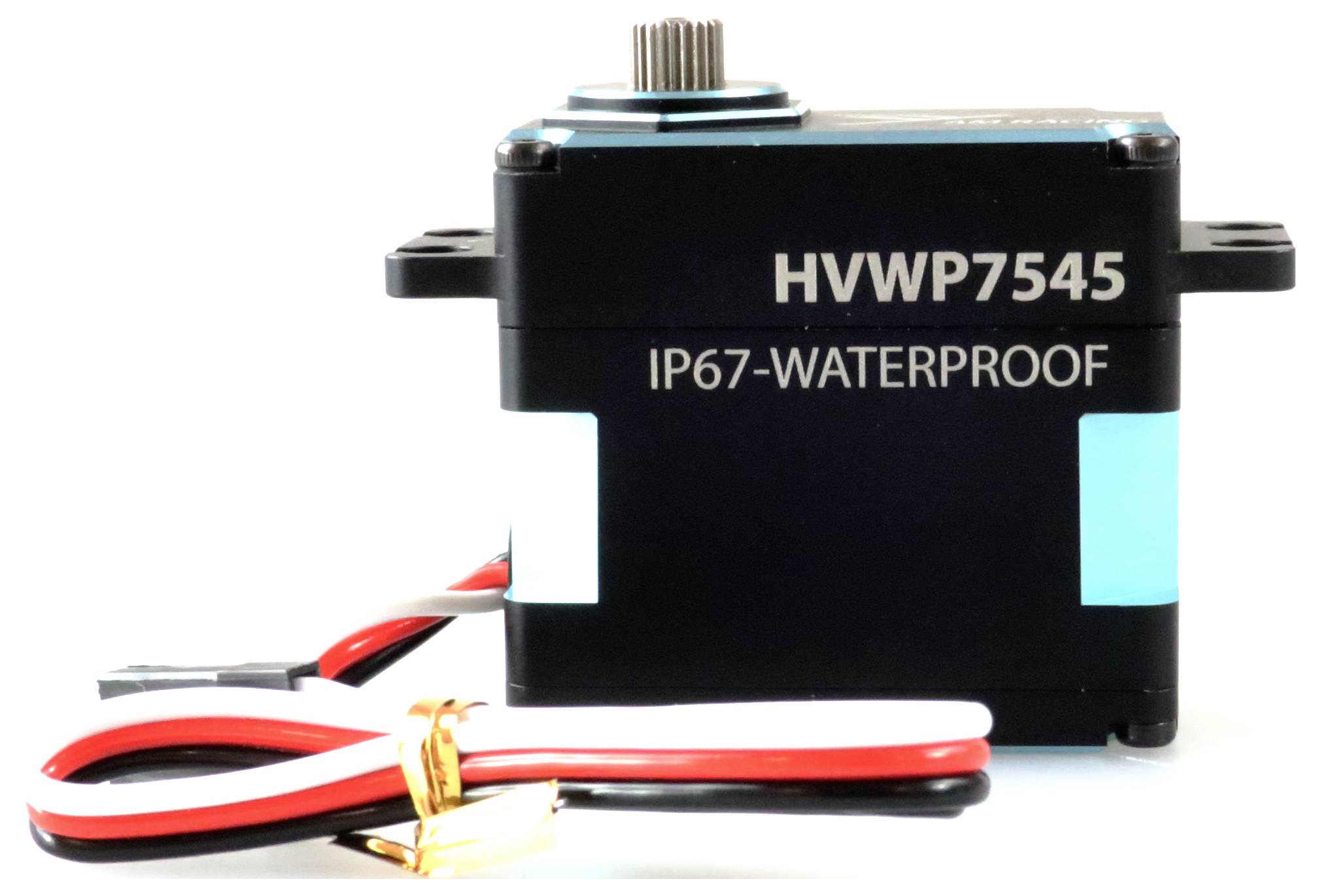 Vodotěsný servomotor s nápisem 'HVWP7545 IP67-WATERPROOF', doprovázený červeno-bílými kabely.