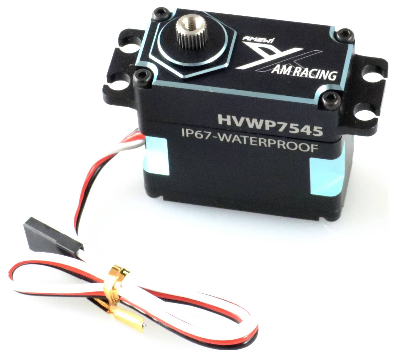 Servomotor s nápisem 'HVWP754S IP67-Waterproof'. Černé pouzdro s modrými akcenty a kabelovým připojením.