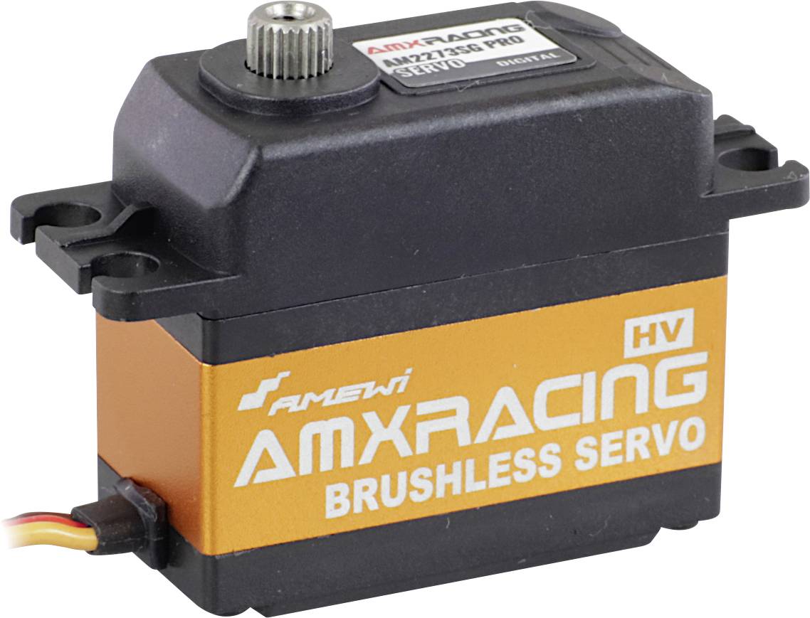 AMX Racing HV Brushless Servo v černém pouzdře s oranžovým proužkem, kabelový konektor vlevo, určený pro modelářské aplikace.