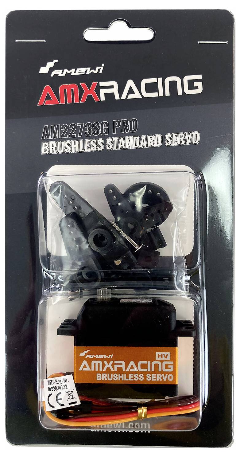 AMX Racing servomotor a příslušenství v jednom balení. Text 'AMX Racing' a 'Bezkartáčový standardní servo'.
