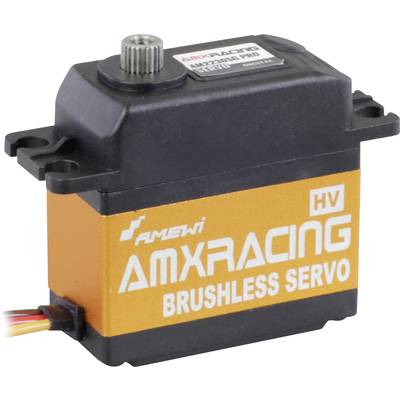 Servo 'AMX RACING Brushless' s oranžovou nálepkou, černým pouzdrem a několika kabely pro RC modely.