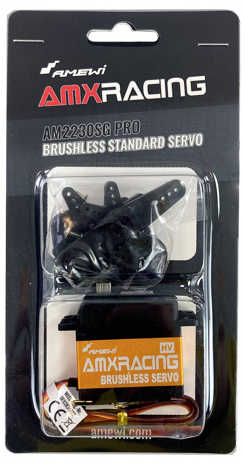 Balení standardního bezkartáčového serva AMX Racing 'AM2230SG Pro'. Obsahuje servomotor, upevňovací díly a kabel.