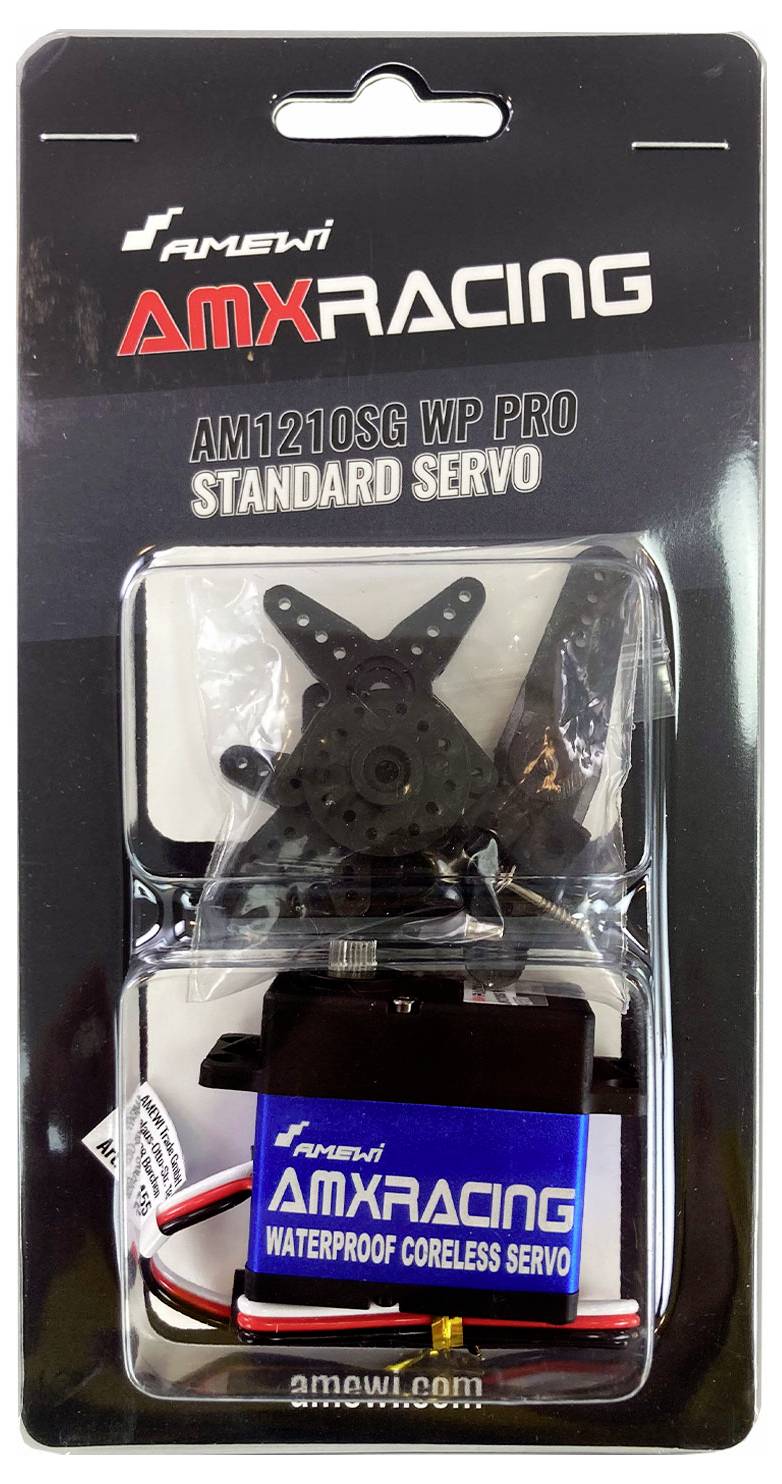 Balení serva AMX Racing, model AM1210SG WP PRO, s černým tělem a pákami. Potisk "Voděodolné".