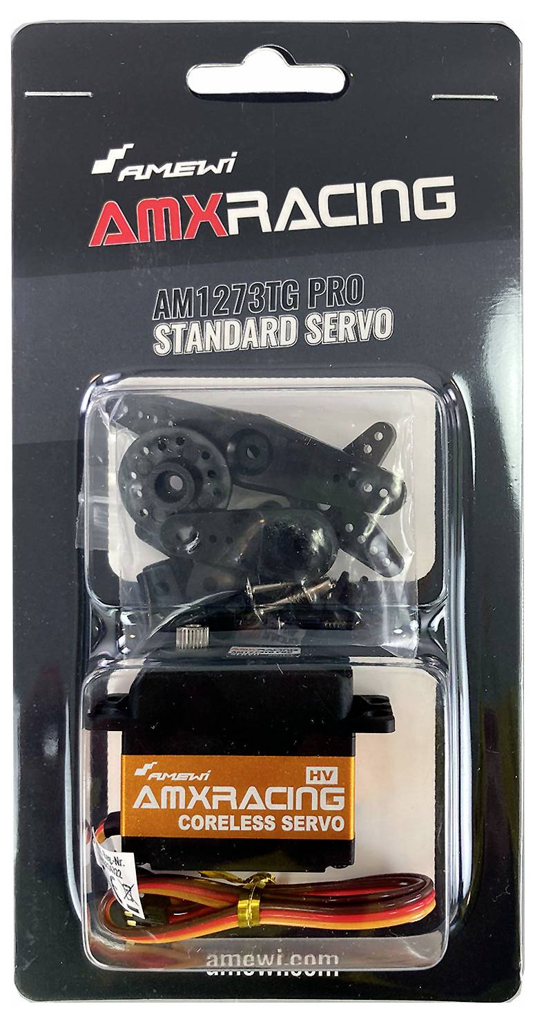 Balení servomotoru AMX Racing, model 'AM1273TG Pro'. Obsahuje servo, propojovací kabel a ozubená kola.