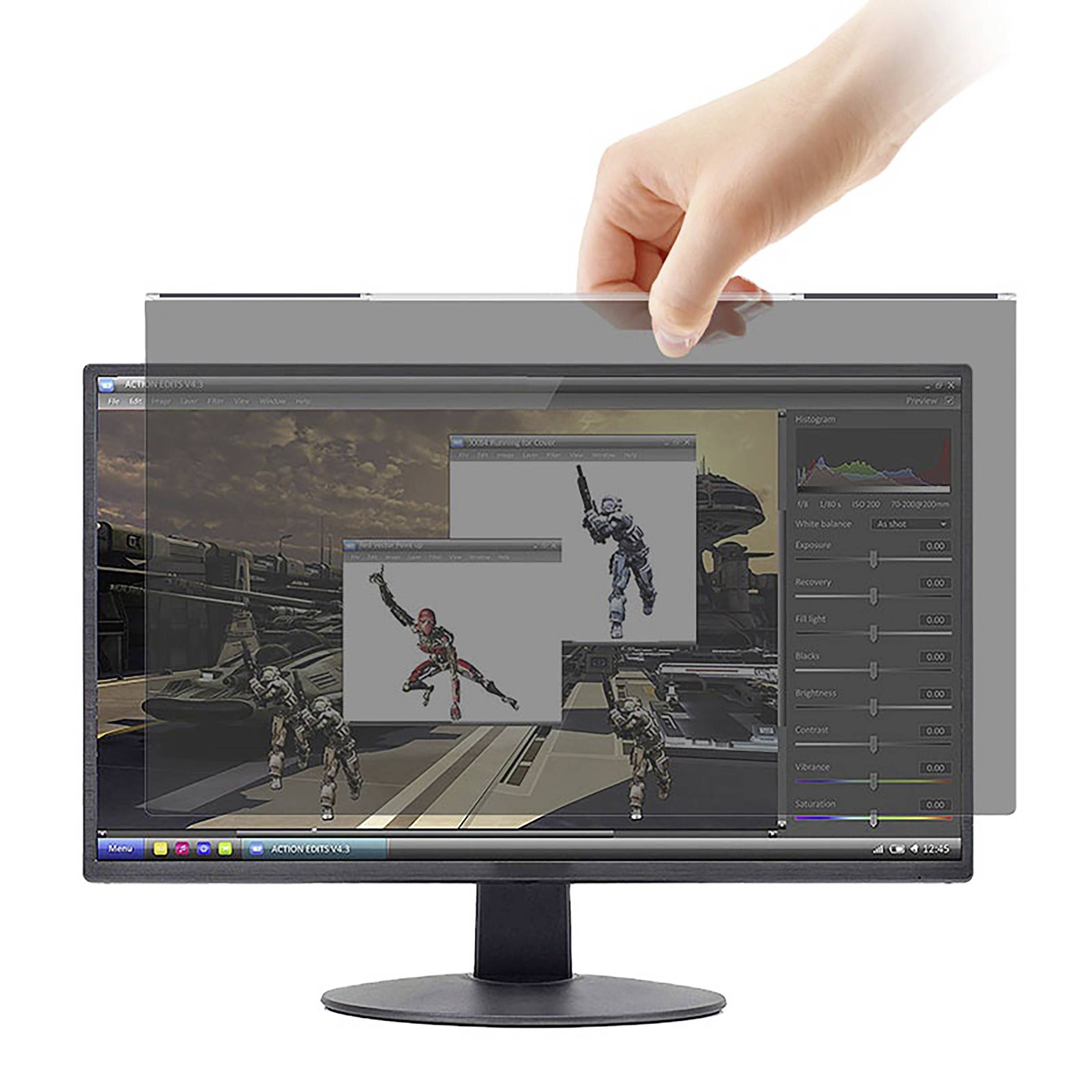 Počítačový monitor s filtrem soukromí, který omezuje úhel pohledu. Ruka ukazuje instalaci filtru.