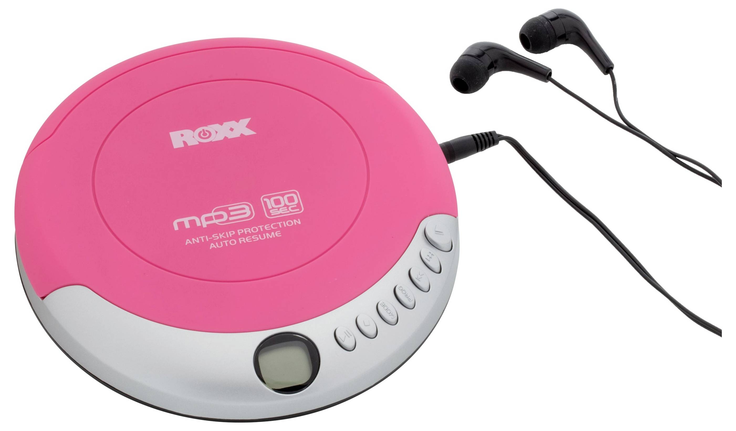 Růžový přenosný CD přehrávač s černými sluchátky. Nápisy: 'mp3', 'OCHRANA PROTI PŘESKAKOVÁNÍ', 'AUTOMATICKÉ OBNOVENÍ'.