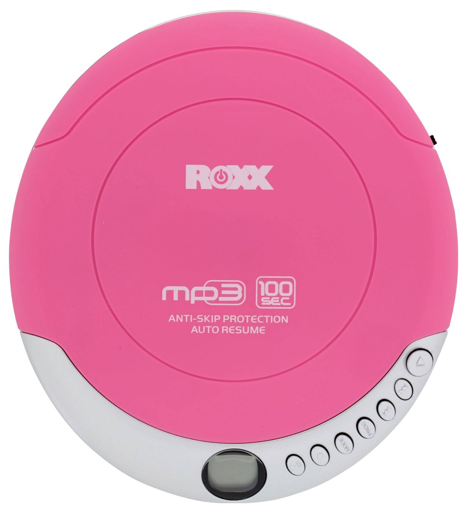 Růžový přenosný CD přehrávač s nápisem 'ROXX', funkcí anti-skip ochrany a automatickým obnovením přehrávání na víku.
