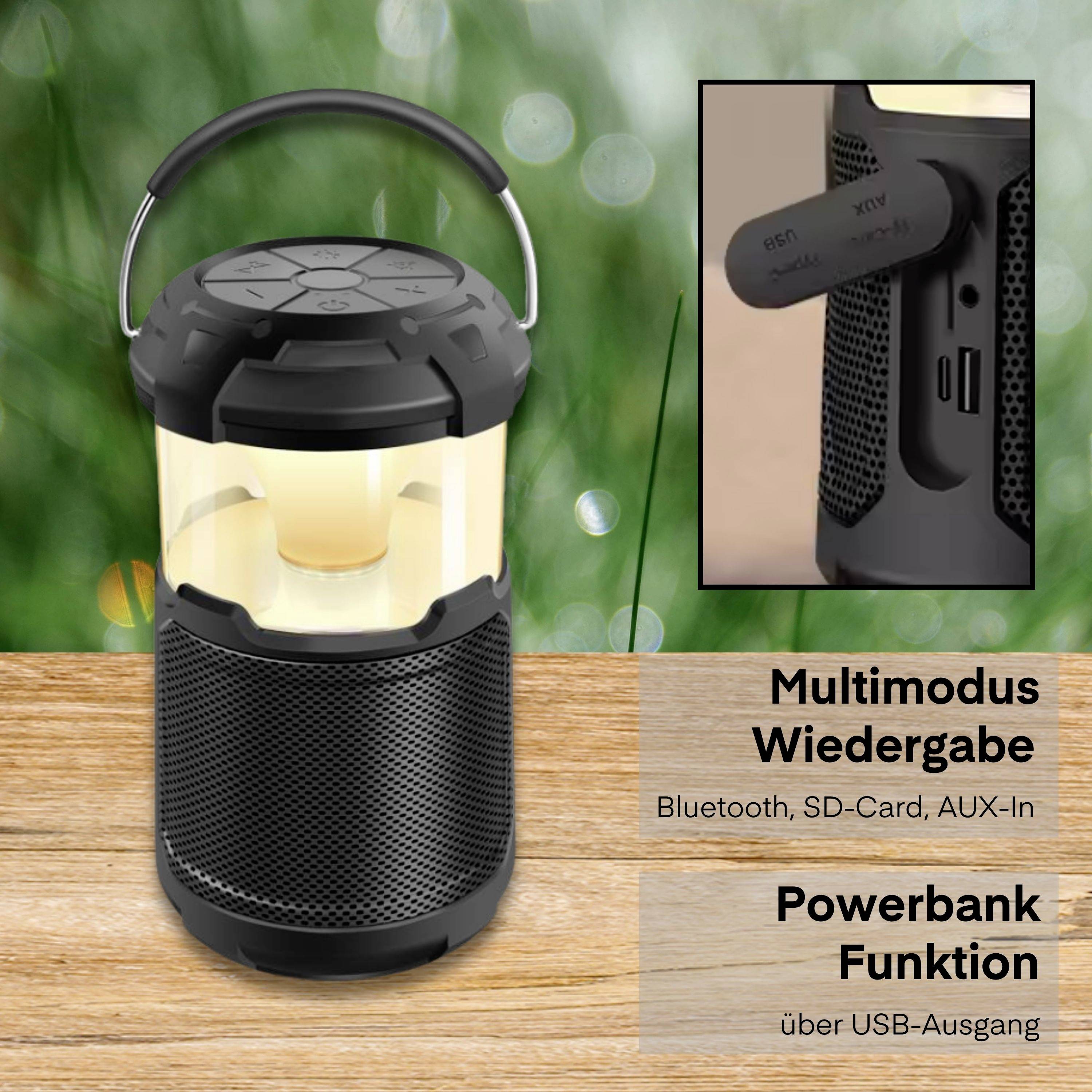 Přenosná svítilna s multifunkčním přehráváním: Bluetooth, SD karta, AUX-In. Funkce powerbagy přes USB výstup.