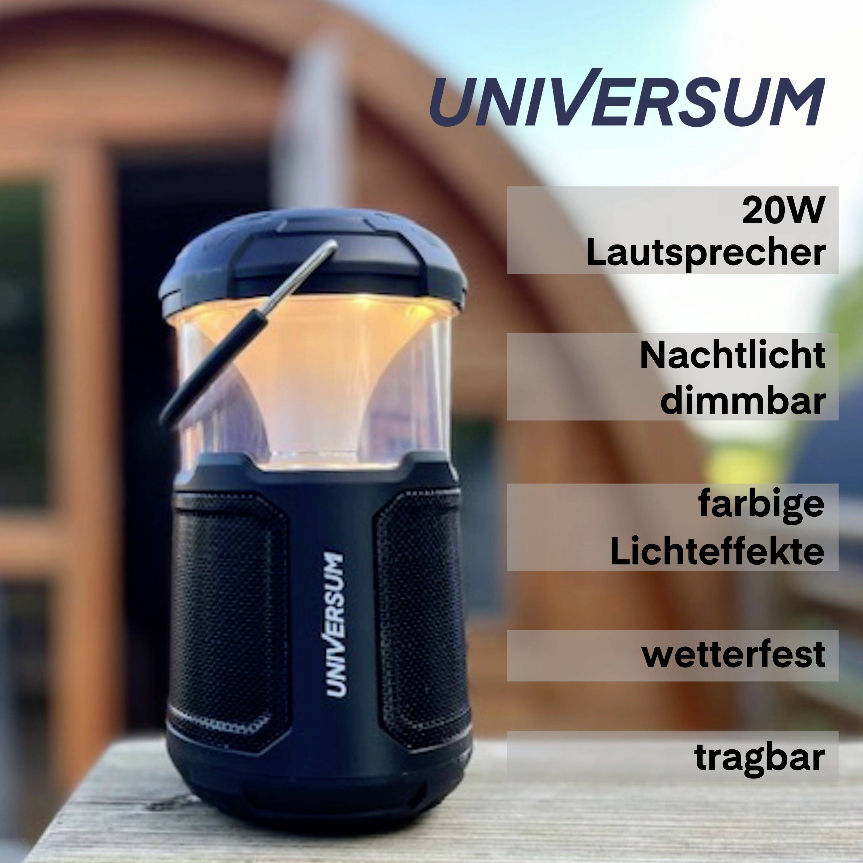 Přenosný reproduktor vedle budovy. Text: 'Reproduktor 20W, stmívatelné noční světlo, barevné světelné efekty, voděodolný, přenosný'.