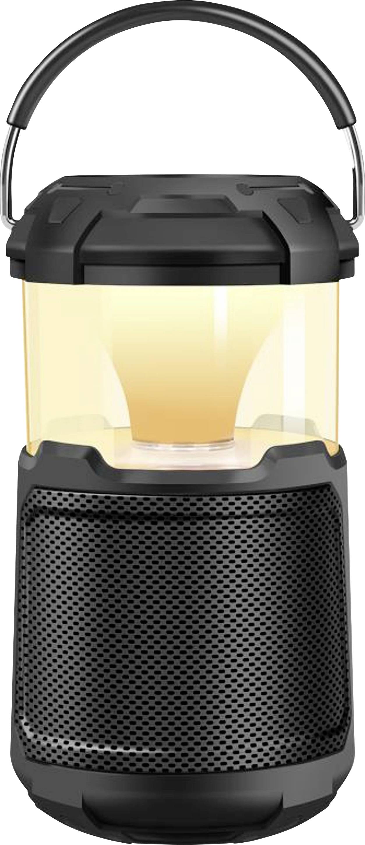 Přenosná lampa a reproduktor v tmavě šedém pouzdře s teplým světlem, ideální pro venkovní aktivity.