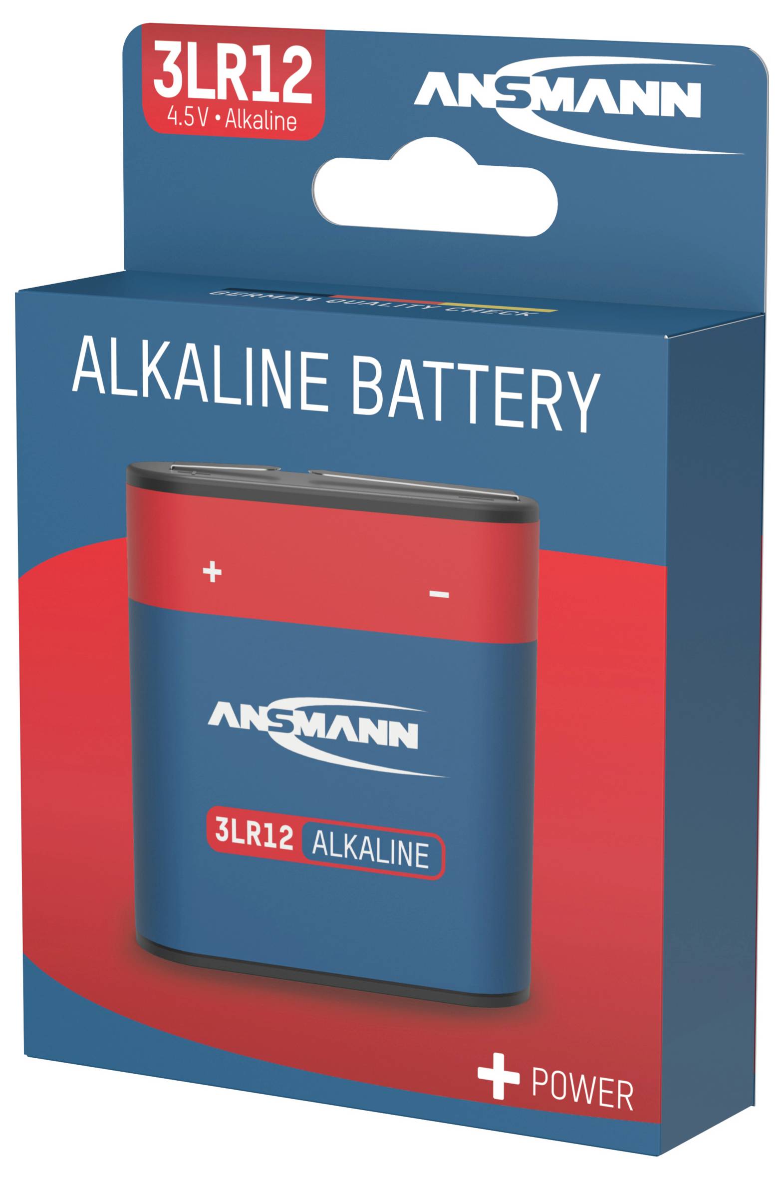 Obal alkalické baterie Ansmann typ 3LR12, 4,5V. Potisk '3LR12 ALKALINE'. Hlavními barvami jsou modrá a červená.