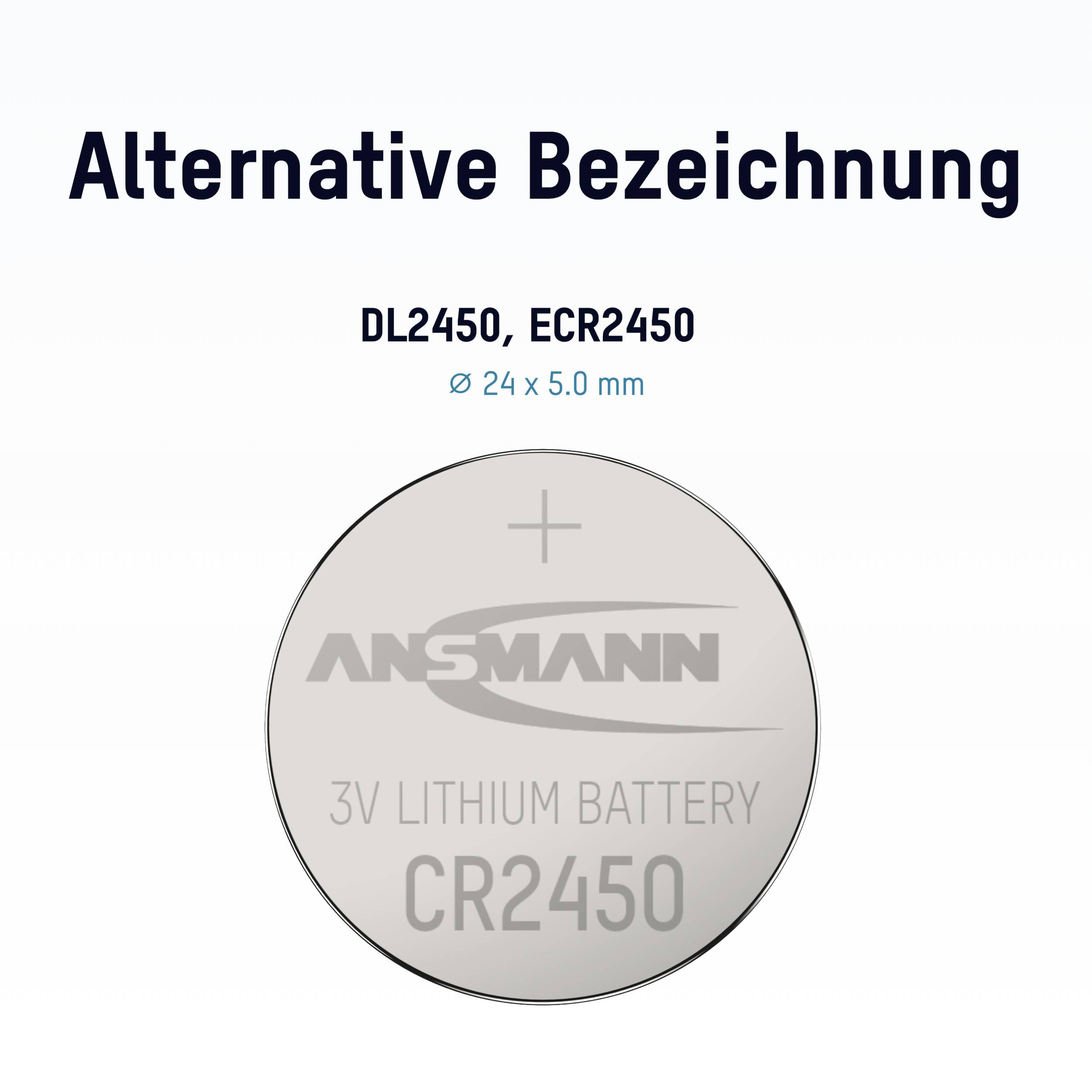 Stříborná knoflíková baterie s nápisem 'ANSMANN 3V LITHIUM BATTERY CR2450', vedle nápisu 'Alternativní označení DL2450, ECR2450 Ø 24 × 5,0 mm'.