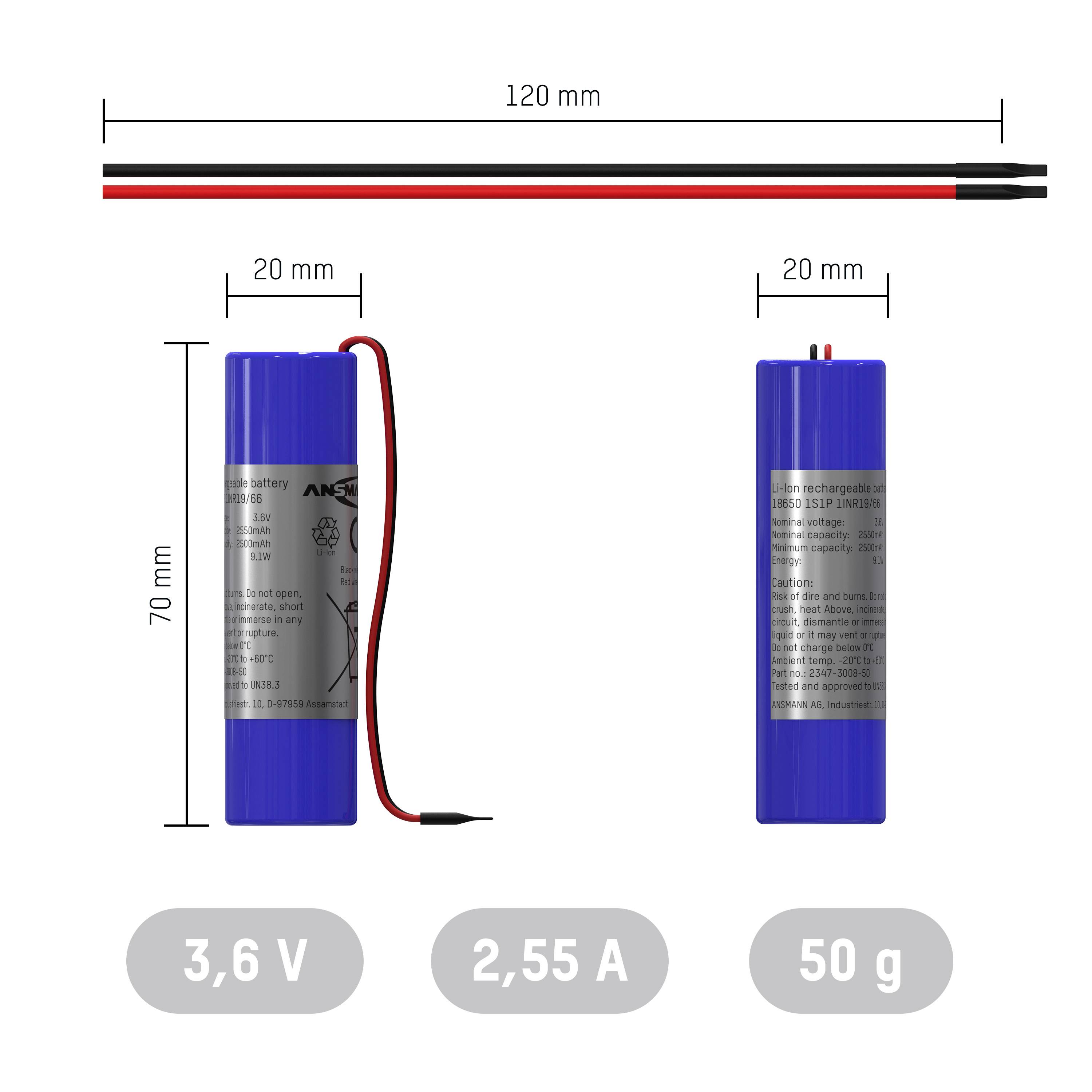 Grafika modrého válcovitého akumulátoru s rozměry: výška 70 mm, šířka 20 mm, napětí 3,6 V, proud 2,55 A, hmotnost 50 g.
