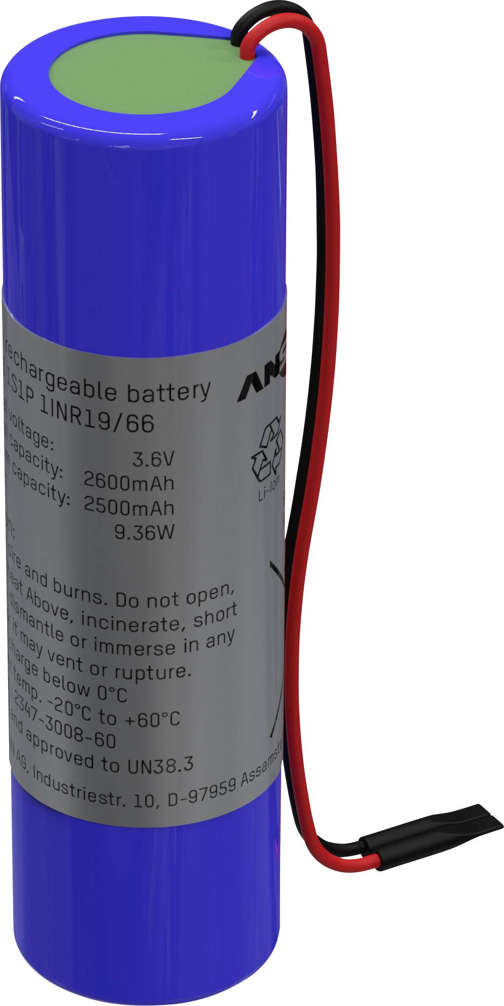 Válcový modrý nabíjecí akumulátor s technickými údaji na štítku: 3,6V, 2600mAh, 9,36Wh. Přítomny červené a černé vodiče.