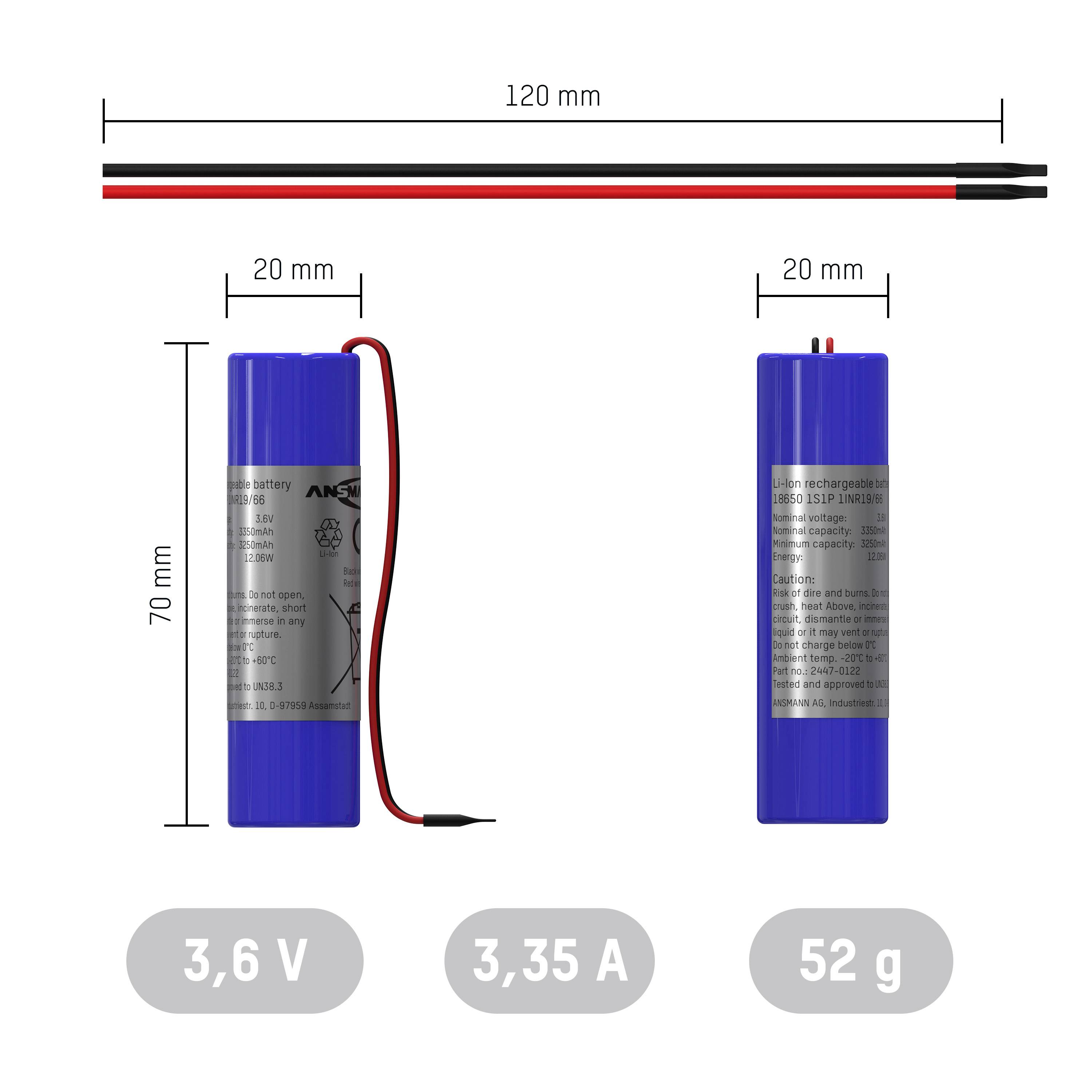Lithium-iontová baterie, modrá, velikost 70x20 mm, s kabelem. Specifikace: 3,6 V, 3,35 A, 52 g. Rozměry a technické údaje zobrazeny.