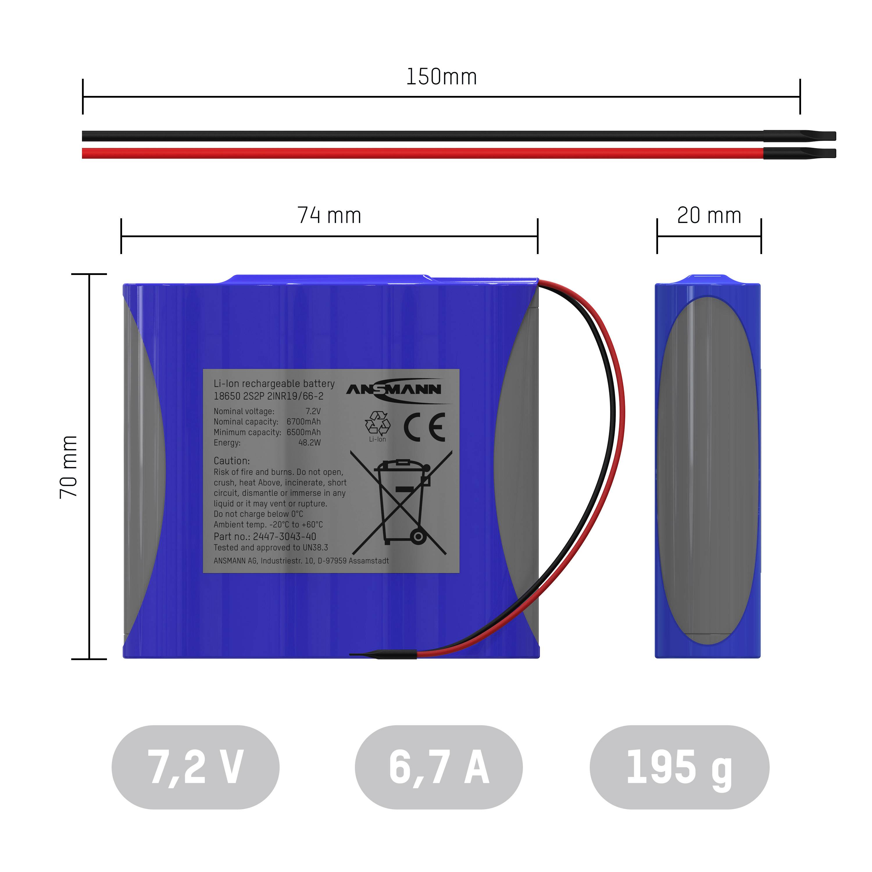 Modrý akumulátor s kabely a technickými specifikacemi: 150x74x20 mm, 7,2 V, 6,7 A, 195 g.