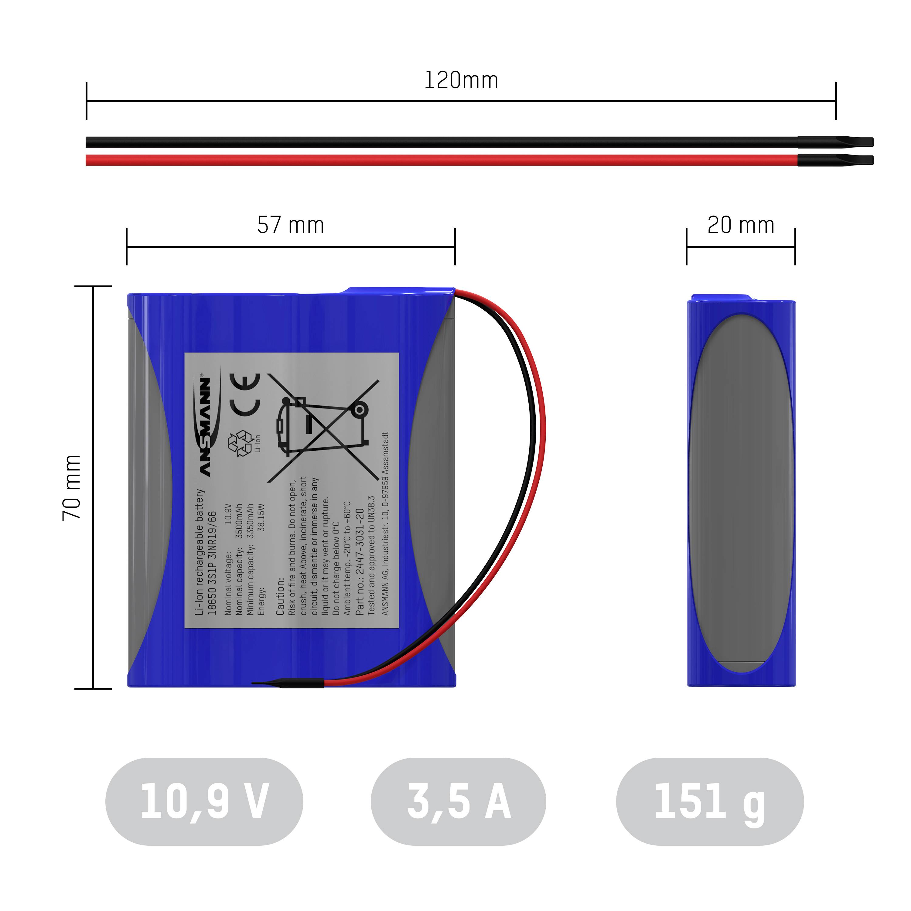 Lithium-iontová baterie s rozměry: 120 mm kabel, 57 mm šířka, 70 mm výška, 20 mm tloušťka; napětí 10,9 V, proud 3,5 A, hmotnost 151 g.