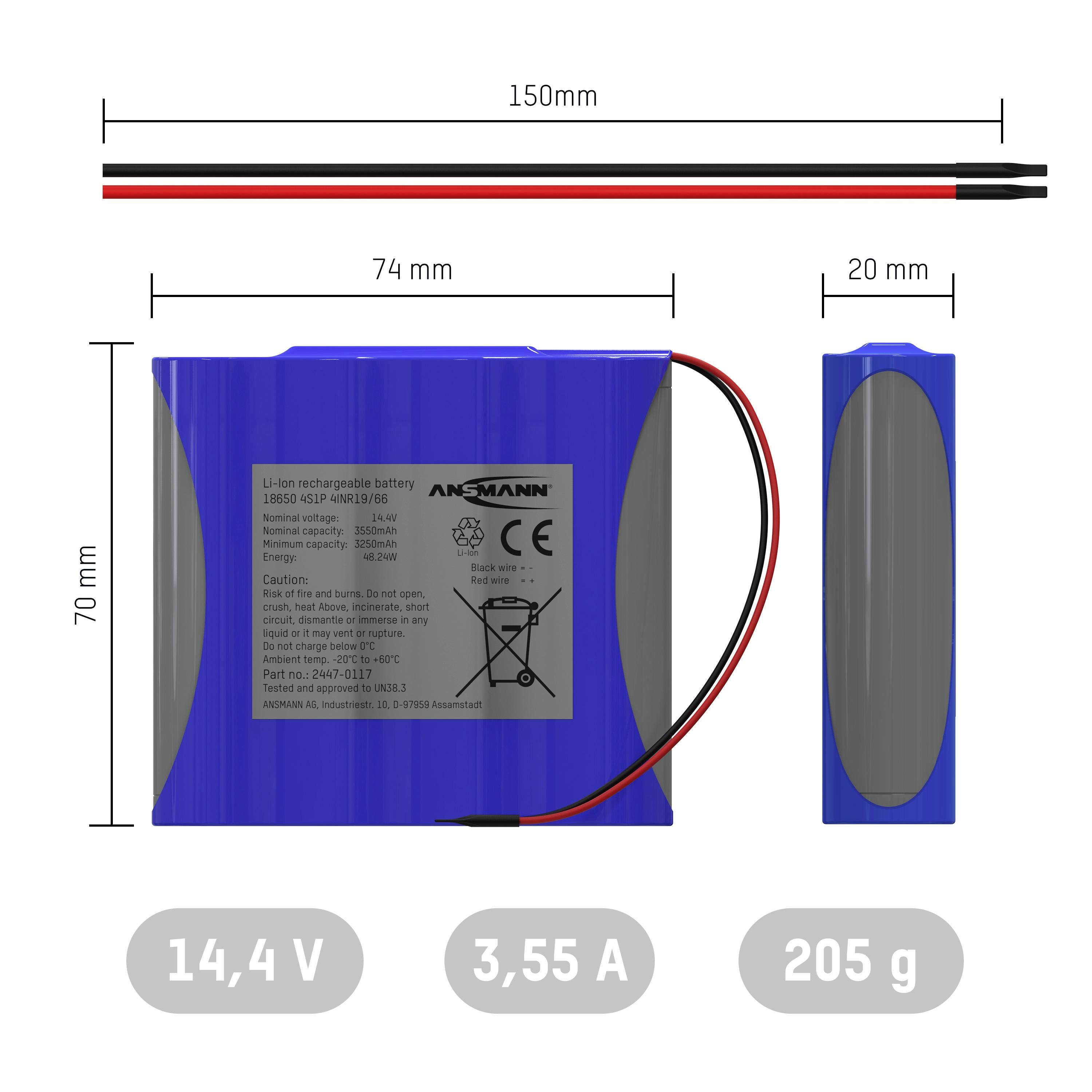 Lithium-iontová baterie, modrá, rozměry 74x70x20 mm, napětí 14,4 V, kapacita 3,55 A, hmotnost 205 g, s označením CE.