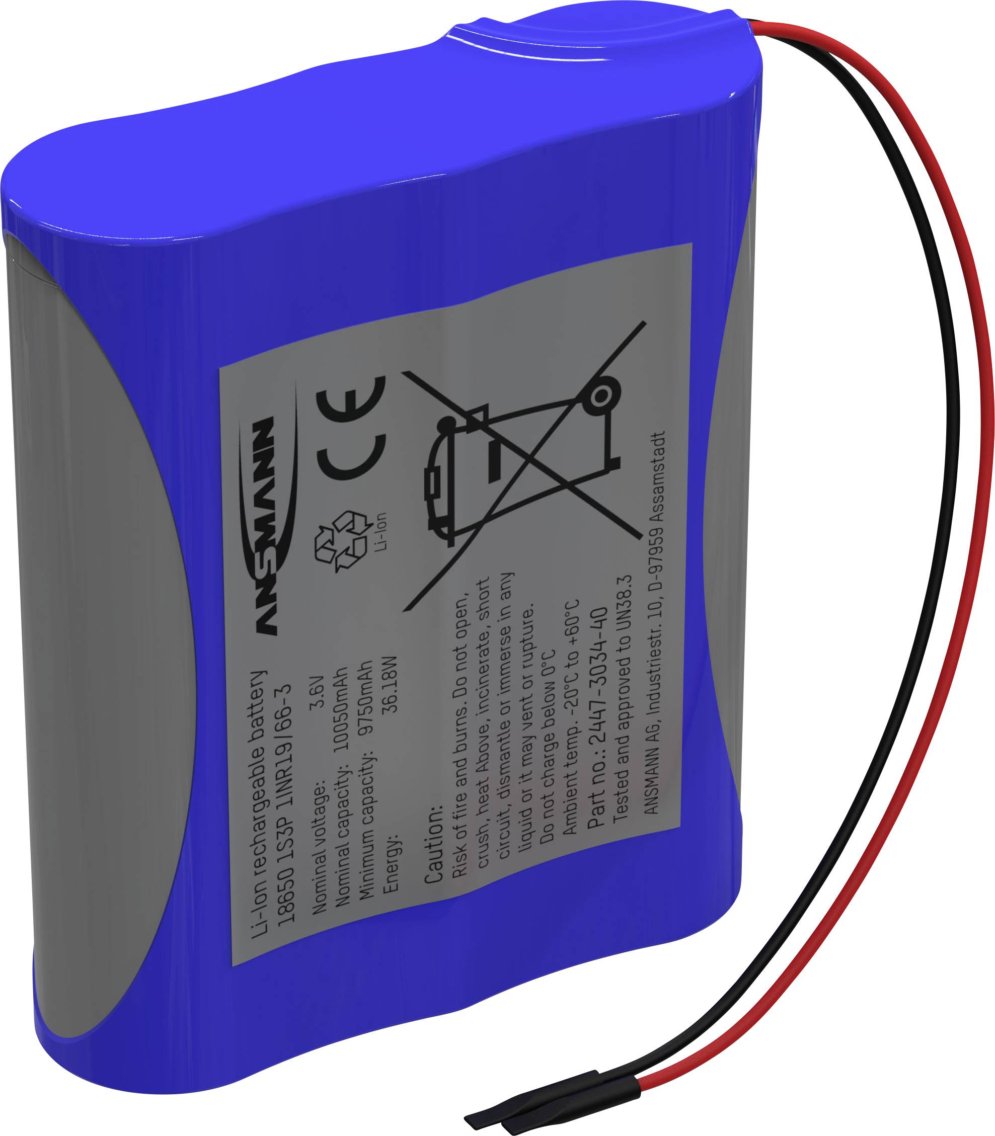 Modrý lithium-iontový akumulátor s šedým štítkem a červeno/černými vodiči. Štítek zobrazuje logo výrobce a výstražné upozornění.